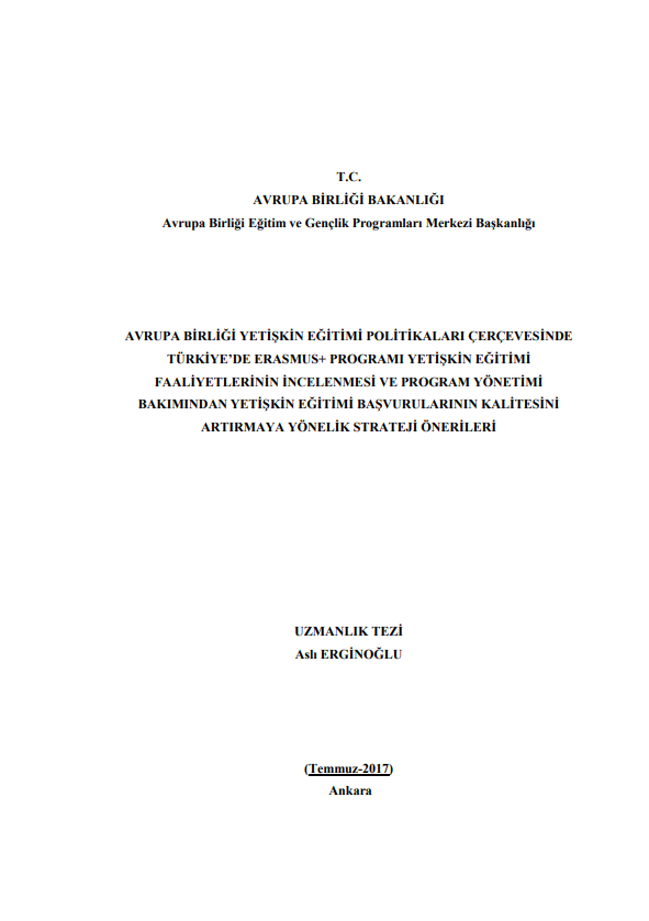 Aslı ERGİNOĞLU-AVRUPA BİRLİĞİ YETİŞKİN EĞİTİMİ POLİTİKALARI ÇERÇEVESİNDE  TÜRKİYE’DE ERASMUS+ PROGRAMI YETİŞKİN EĞİTİMİ  FAALİYETLERİNİN İNCELENMESİ VE PROGRAM YÖNETİMİ  BAKIMINDAN YETİŞKİN EĞİTİMİ BAŞVURULARININ KALİTESİNİ  ARTIRMAYA YÖNELİK STRATEJİ ÖNERİLERİ